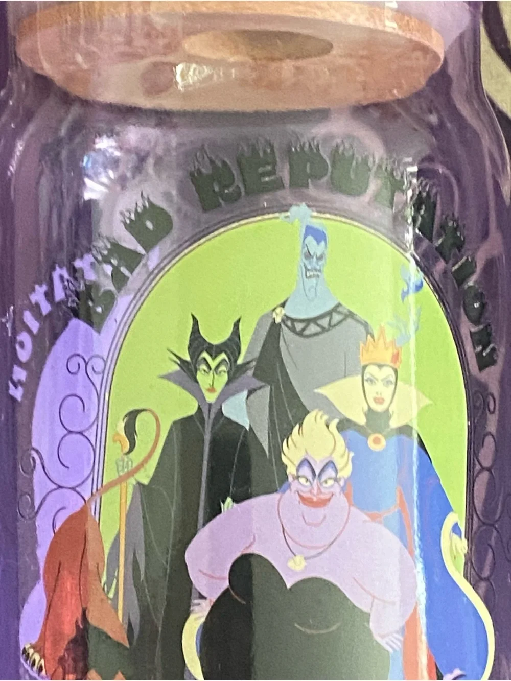 Disney Villains Glass Tumbler Cup With Wood Lid 16oz Bad Reputation 5.5”H